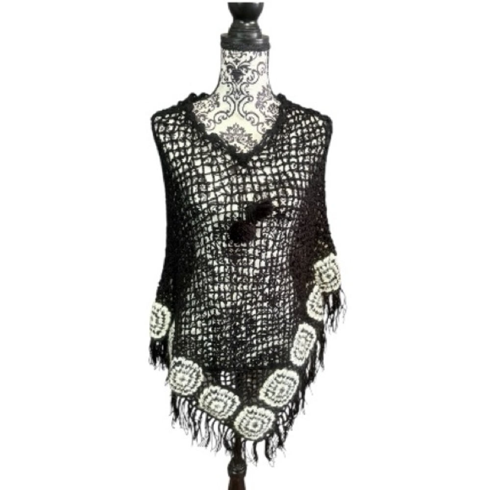 Boho Black and White Crochet Poncho with Fringe